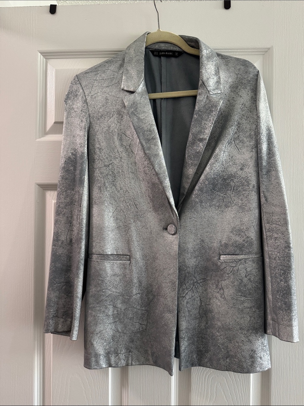 Zara Metallic Silver Single-Button Blazer